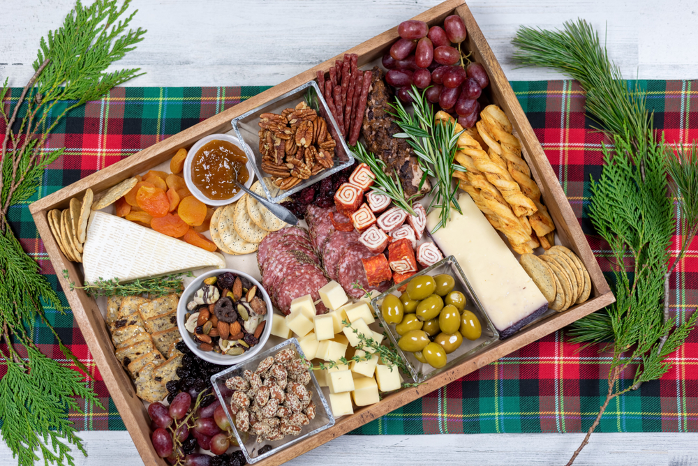 Top view of charcuterie board for holiday party